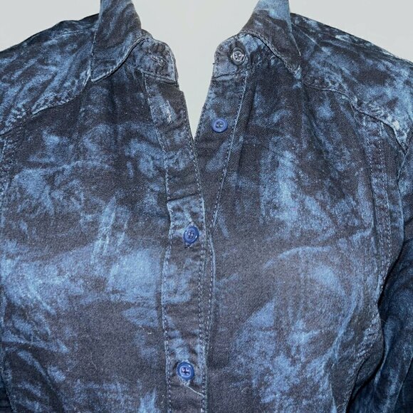 SCULLY Western Tie Die Black & Blue Ruffle Sleeves Frayed Edges Shirt Blouse Top - Picture 2 of 9